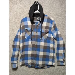 Ryan Sheckler Hooded Hoodie Plaid Shirt Medium Short Sleeve Blue Button Up Y2K